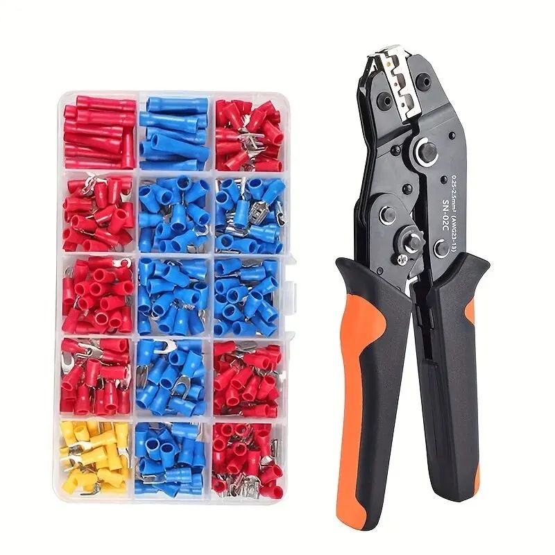 Crimping tool with a set of colored wire connectors in a clear organizer on a white background