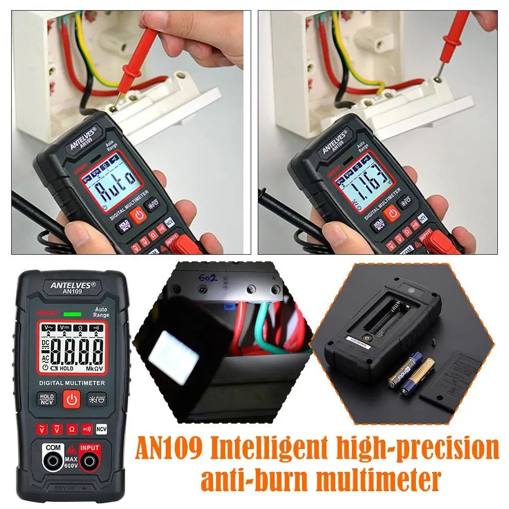 Collage of an AN109 digital multimeter being used to test electrical wires.