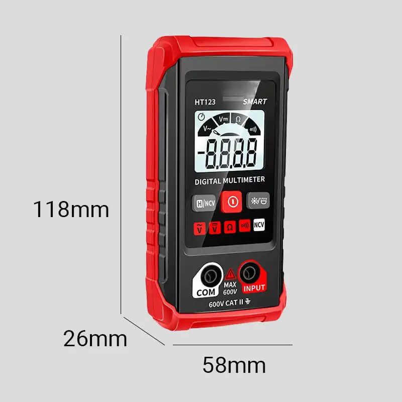 Red digital multimeter with dimensions labeled on a gray background