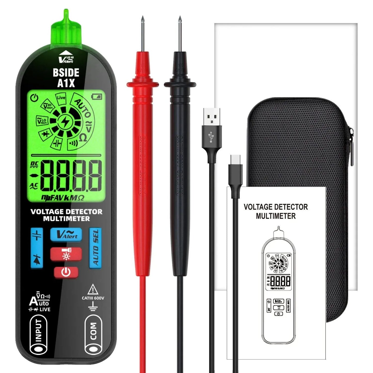 Digital multimeter with probes, case, and USB cable on a white background
