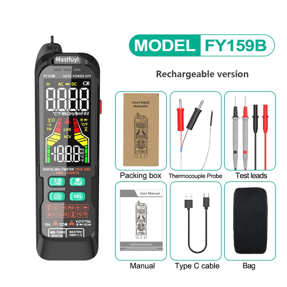 Digital multimeter with packaging and accessories on a white background