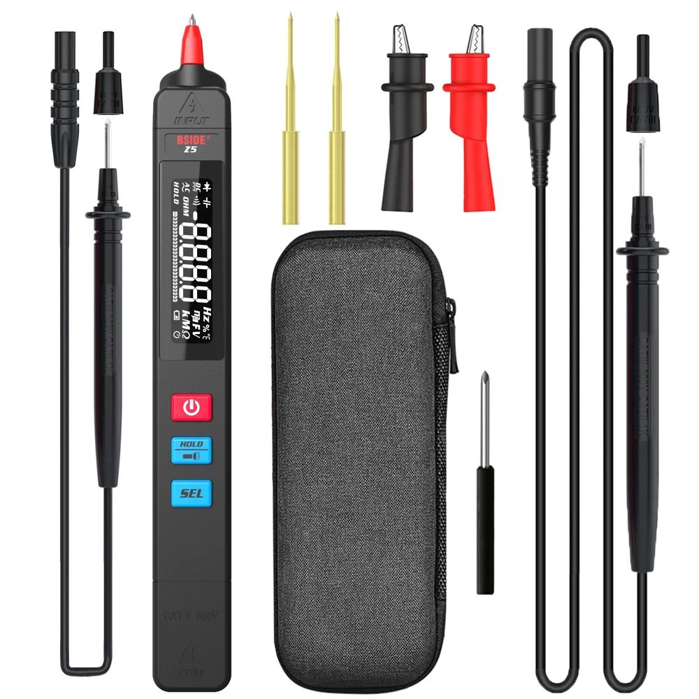 Digital multimeter with probes and carrying case on a white background
