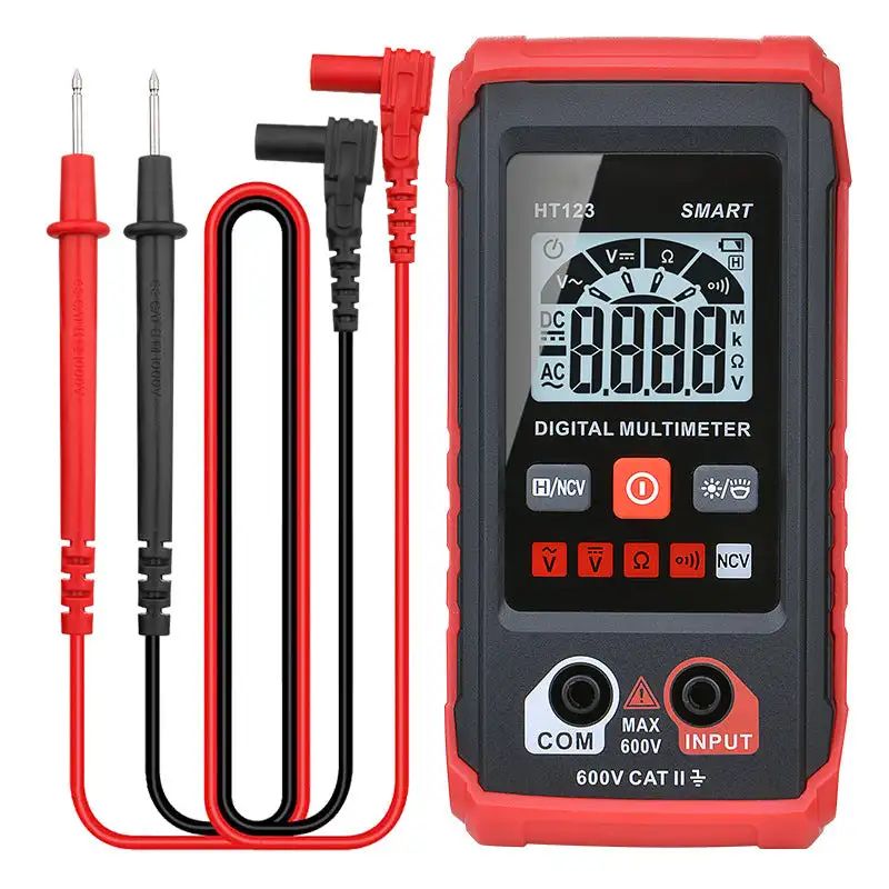 Digital multimeter with red and black probes on a white background