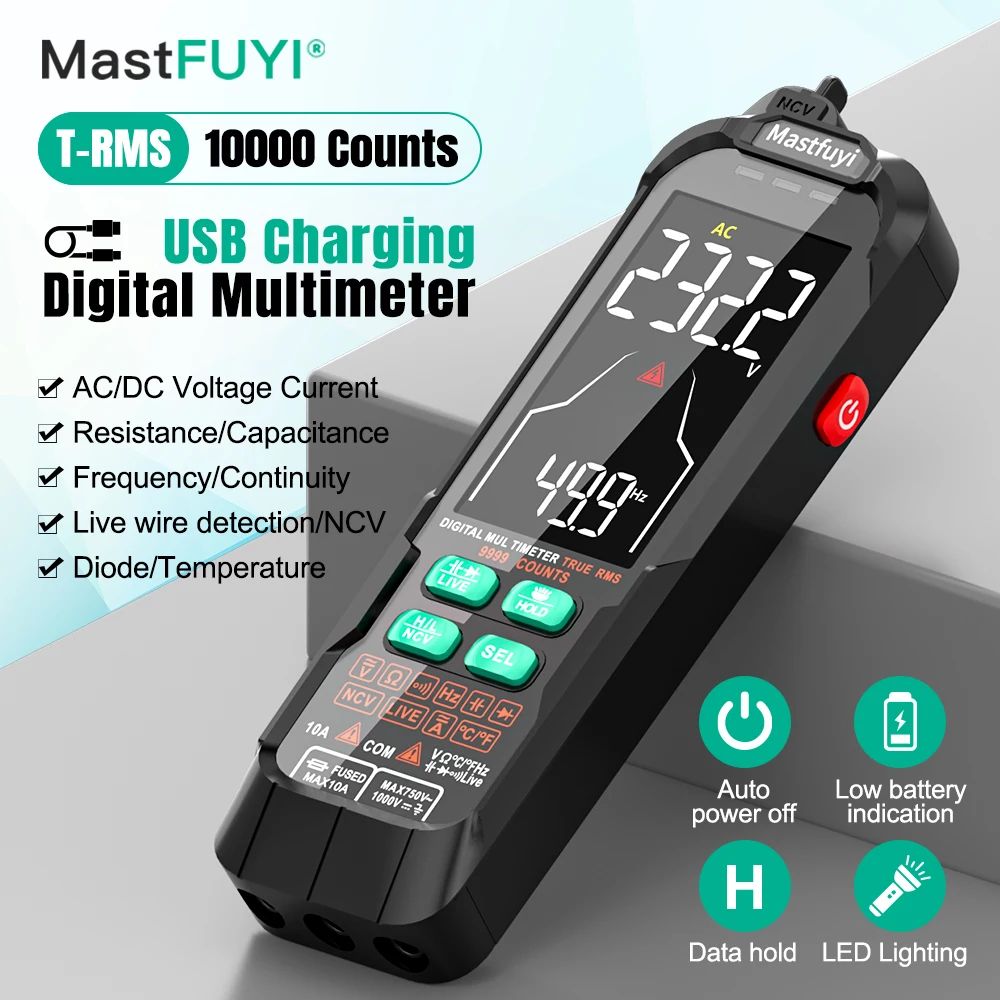 Digital multimeter with USB charging feature on a gray background
