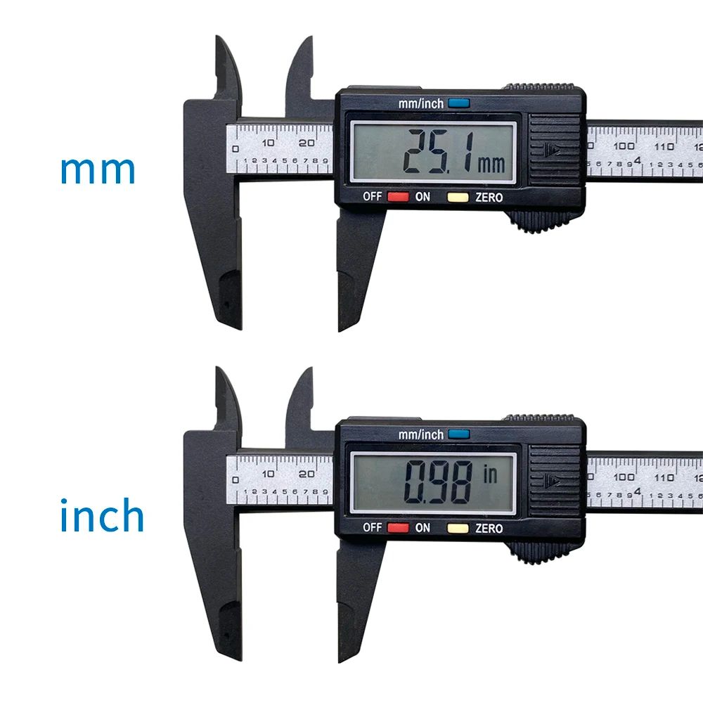 Digital caliper showing measurements in mm and inch on a white background