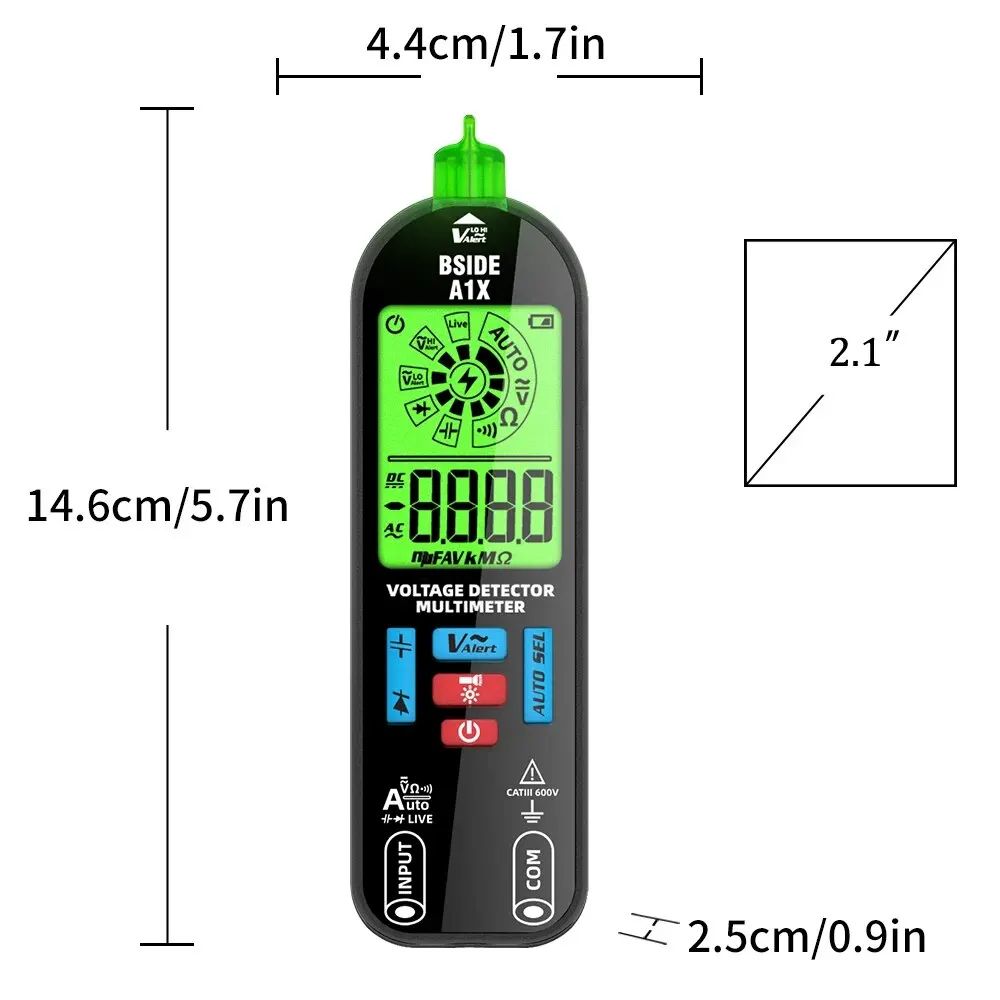Multimeter with dimensions labeled on a white background