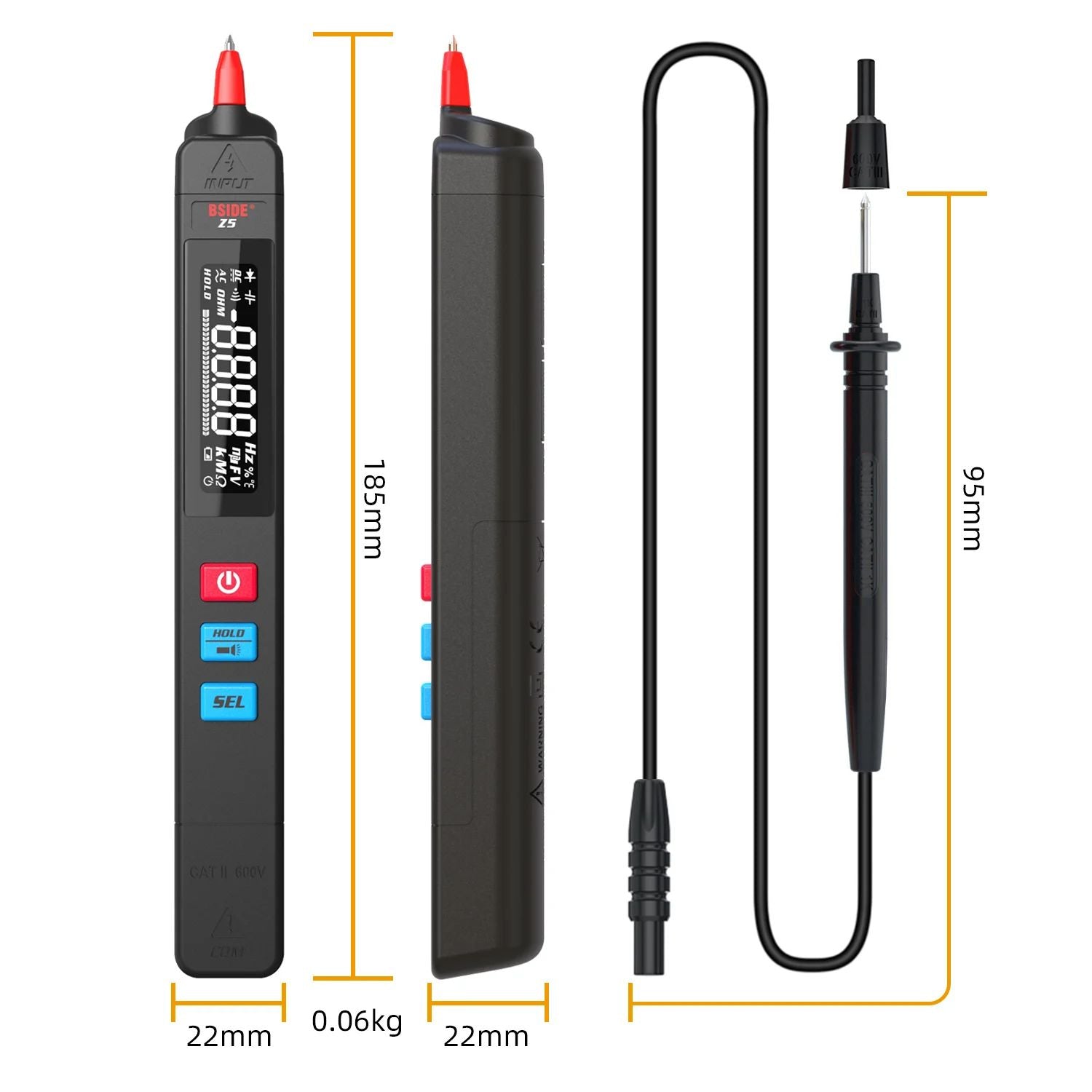 Digital multimeter with measurement details on a white background