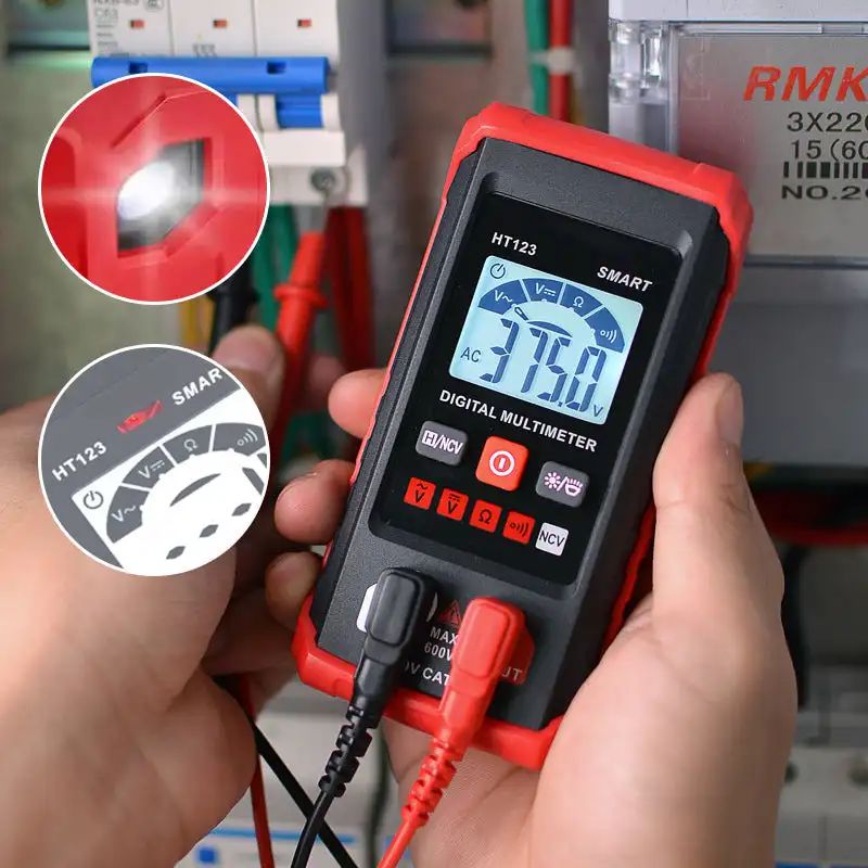 Digital multimeter being held by a person with close-up insets showing measurement details.