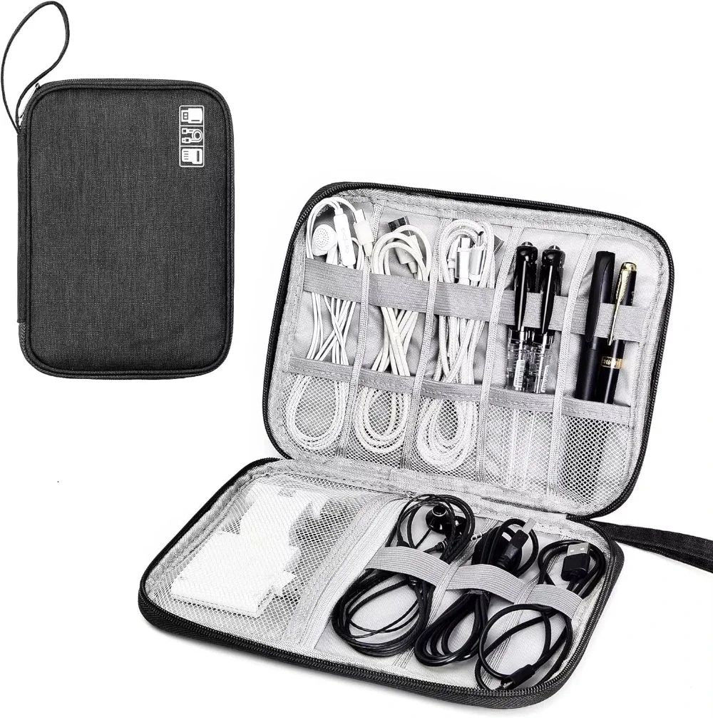 Black travel organizer with compartments for electronic accessories on a white background