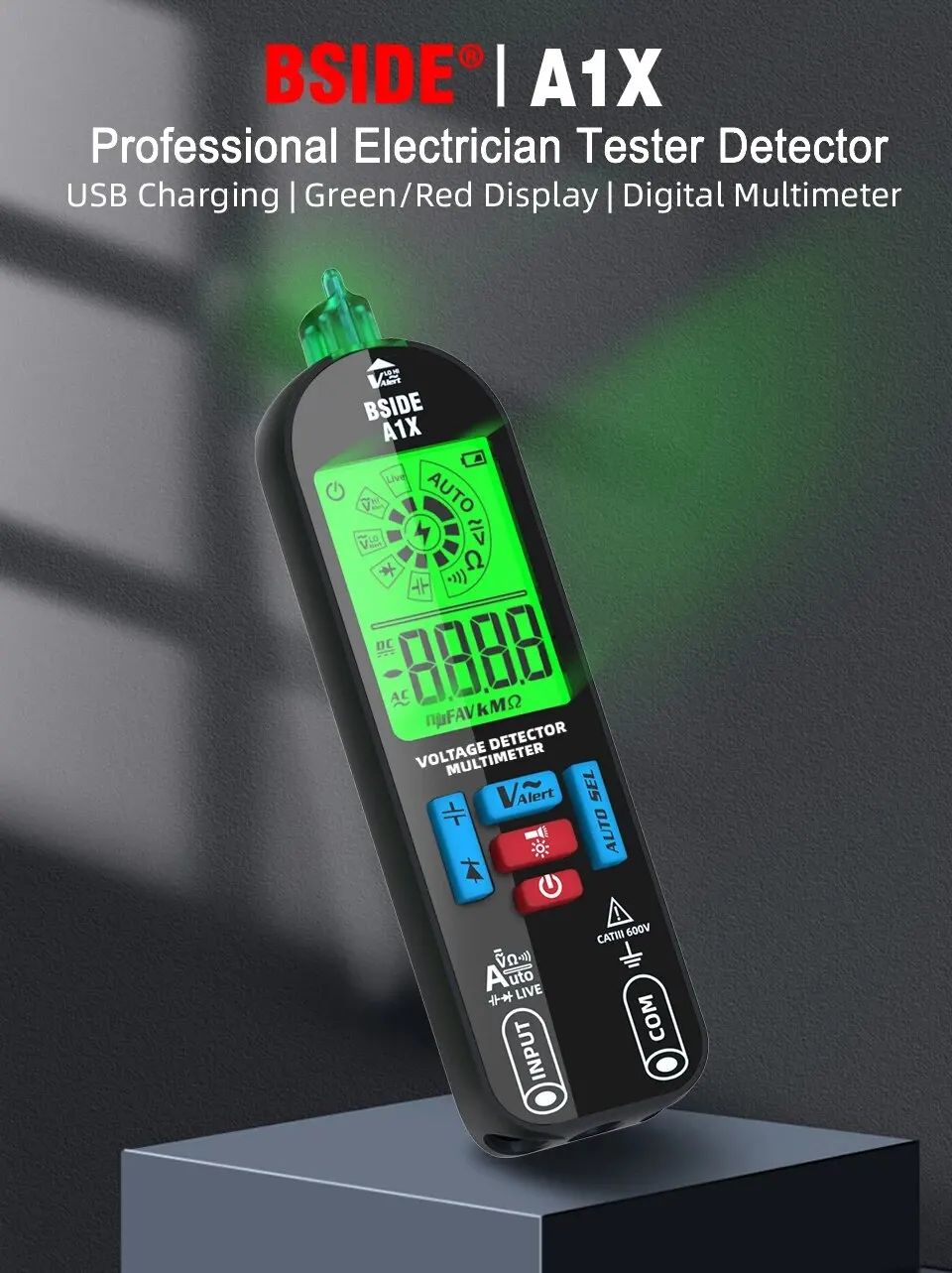 BSIDE A1X electrician tester detector with green display on a dark background
