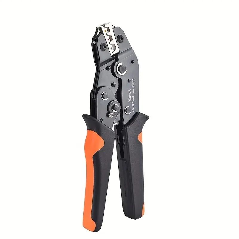 Crimping tool with orange and black handles on a white background