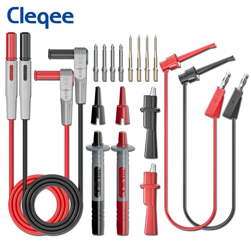Set of electronic test probes and cables with Cleqee branding on a white background