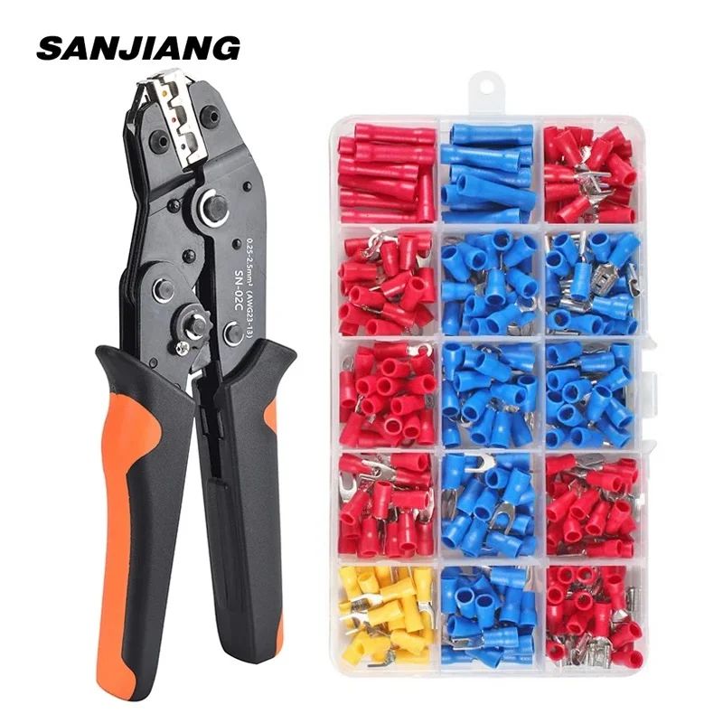 Crimping tool with a set of red, blue, and yellow wire connectors on a white background.
