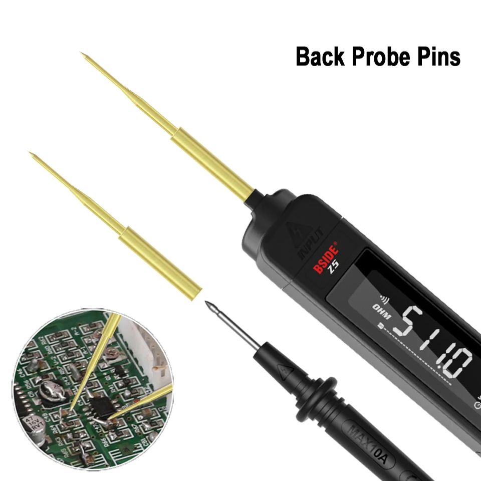 Digital multimeter with back probe pins on a white background