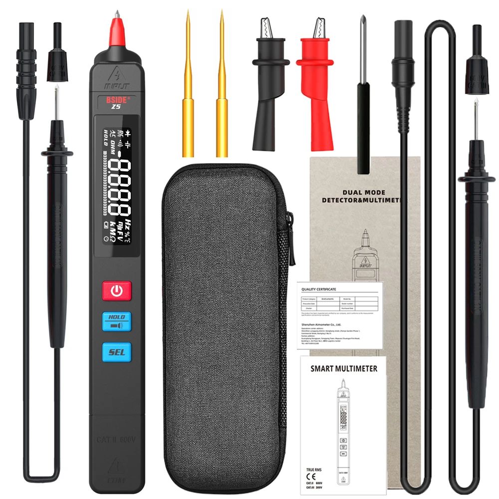 Multimeter set with probes, case, and accessories on a white background
