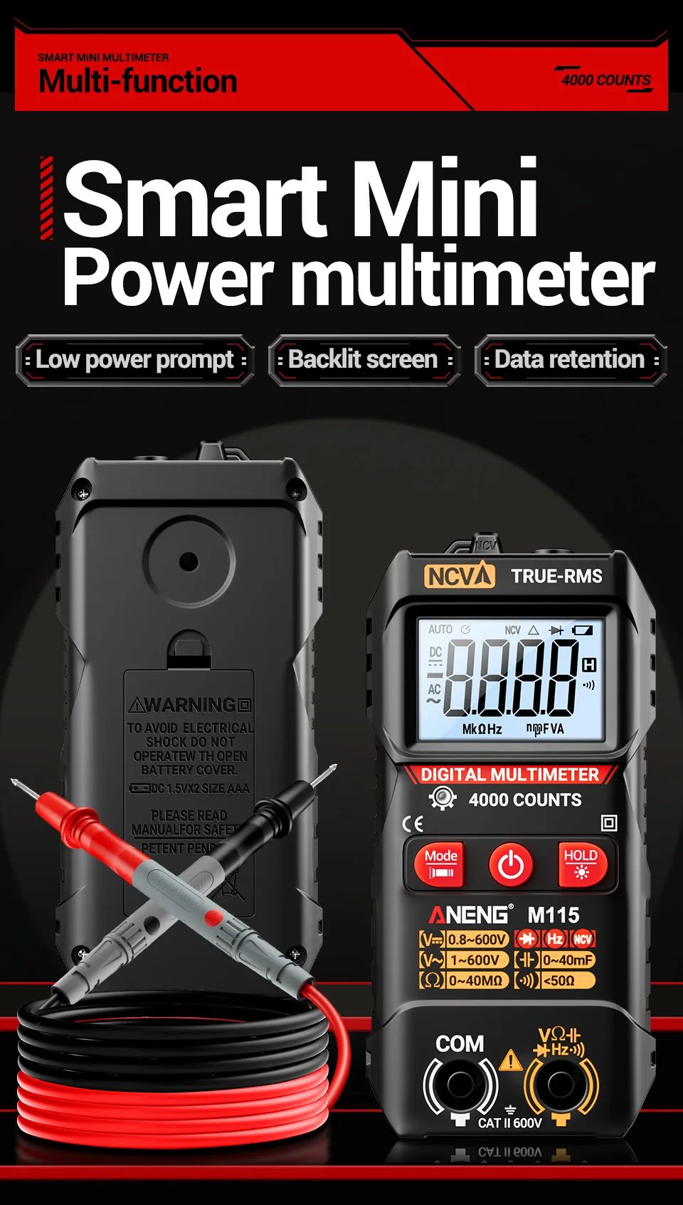 ANENG M115 Mini Digital Multimeter 4000 Counts - Compact AC/DC Voltage Tester with NCV & Ohm Resistance | Volt Edge™