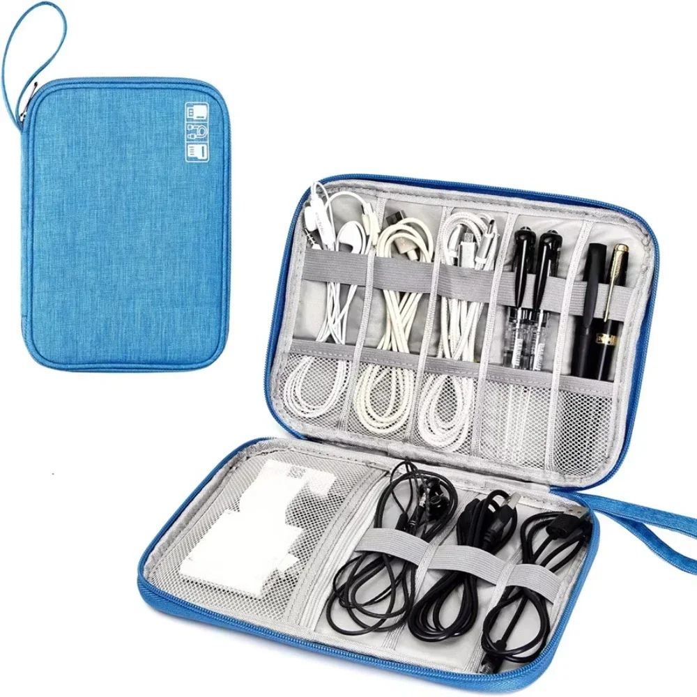 Blue travel cable organizer with various cables and devices inside on a white background