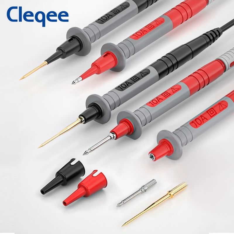 Set of electronic test probes with interchangeable tips on a white background, branded 'Cleqee'.