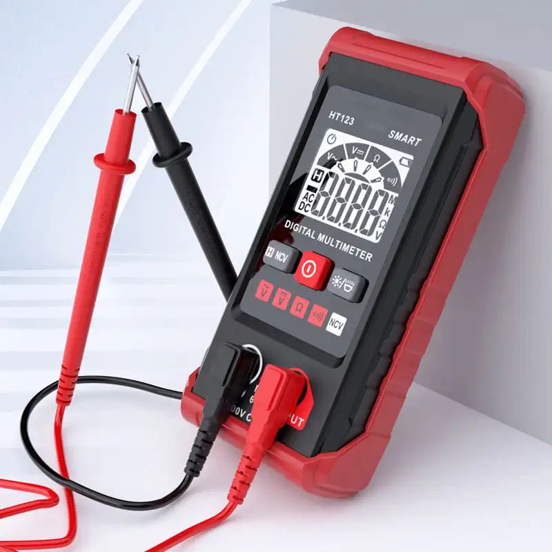 Digital multimeter with red and black probes on a white background