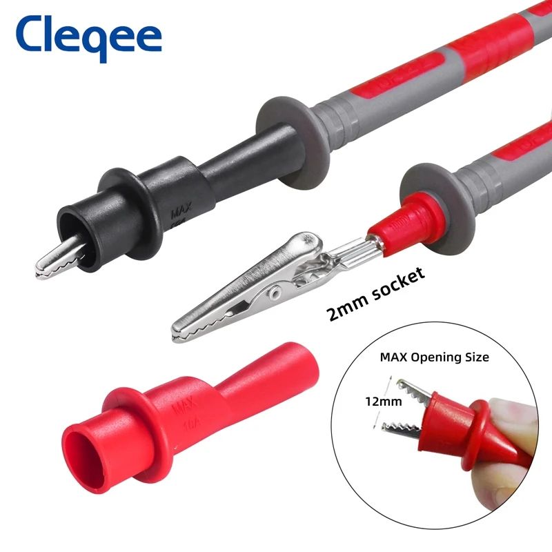 Cleqee brand electrical testing probes with clamps and red connectors on a white background.