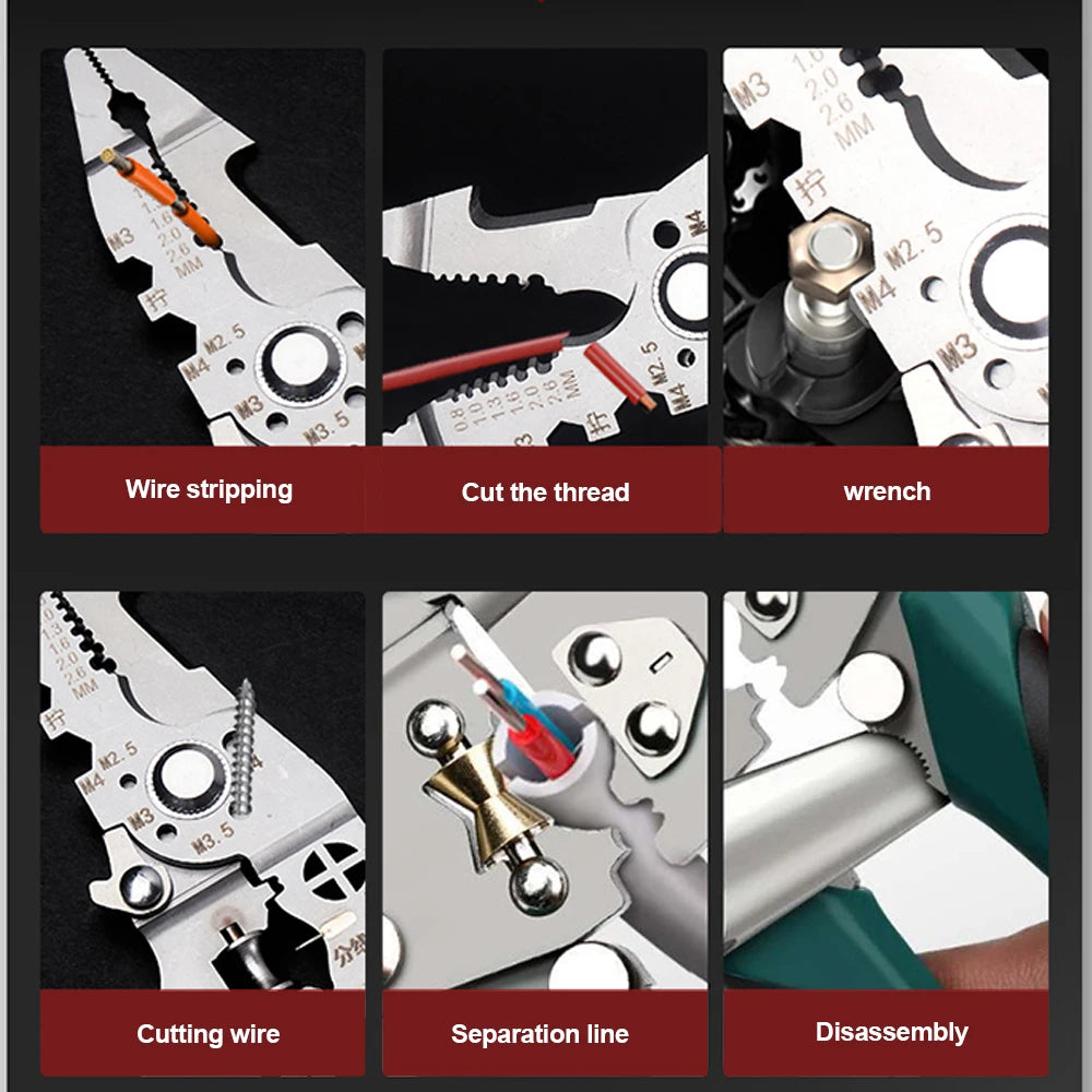 Professional electrician pliers labeled parts - safety lock, folding handle, comfort grip