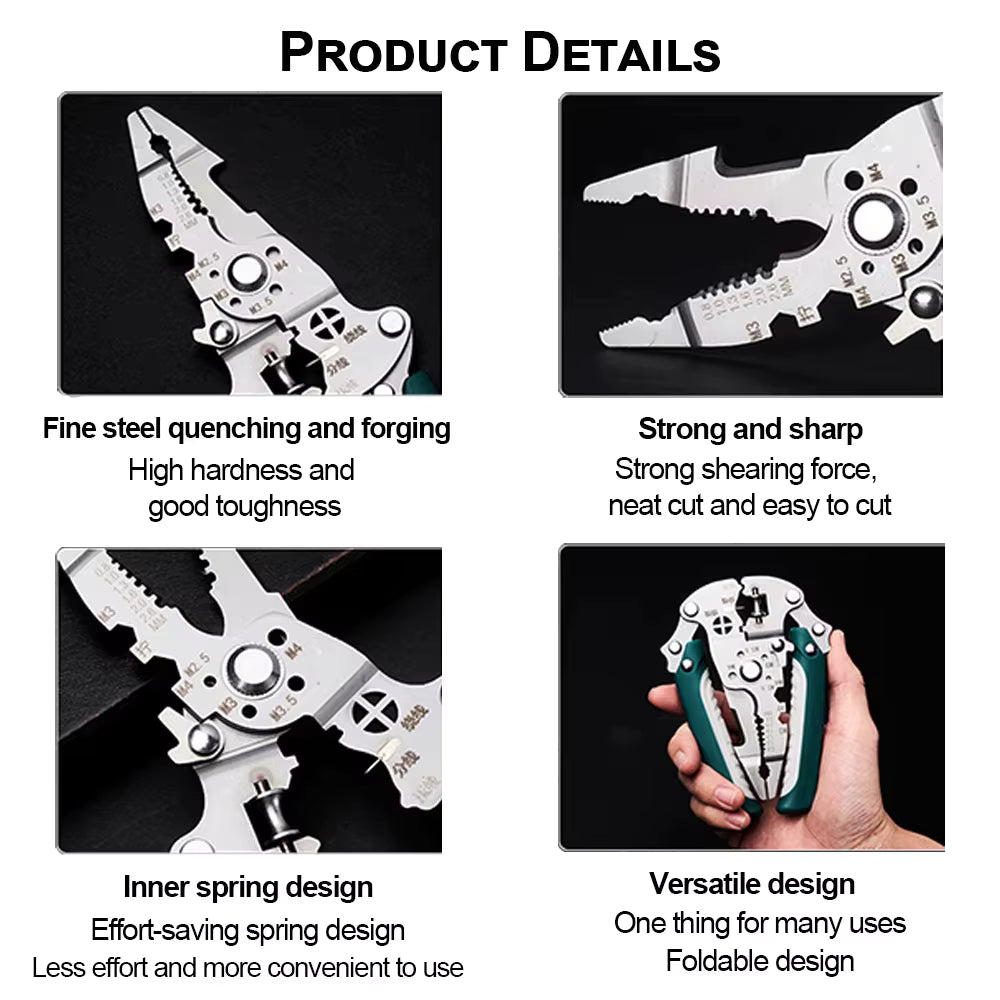 Wire stripper pliers full functions diagram - clamp, wrench, stripping, crimping, split line, winding