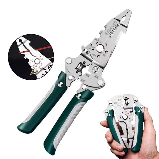 Foldable wire stripper pliers held in hand - compact portable design