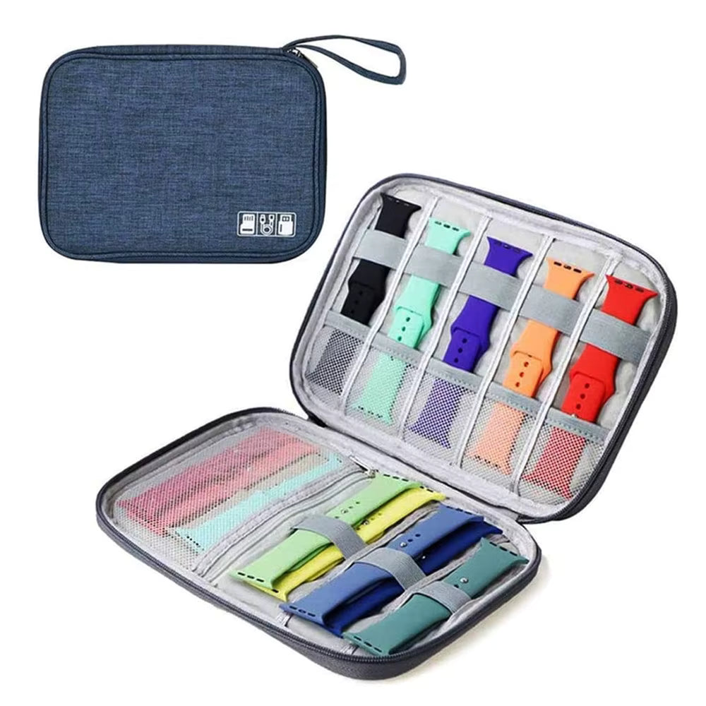 Watch band organizer with various colored watch bands and a blue carrying case.